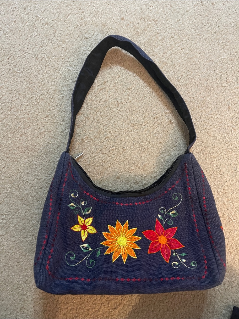 Embroidered 100% Cotton Navy Floral Shoulder Bag